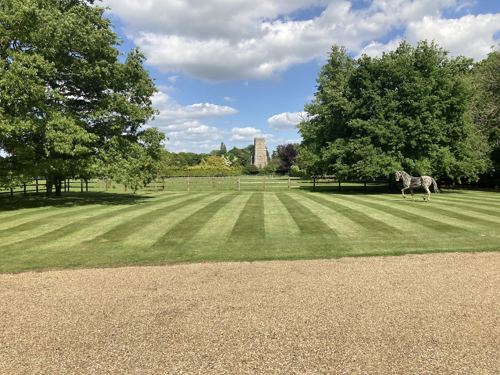 A freshly striped lawn edged by mature trees, mown and tidied by Greenleaf Garden Services